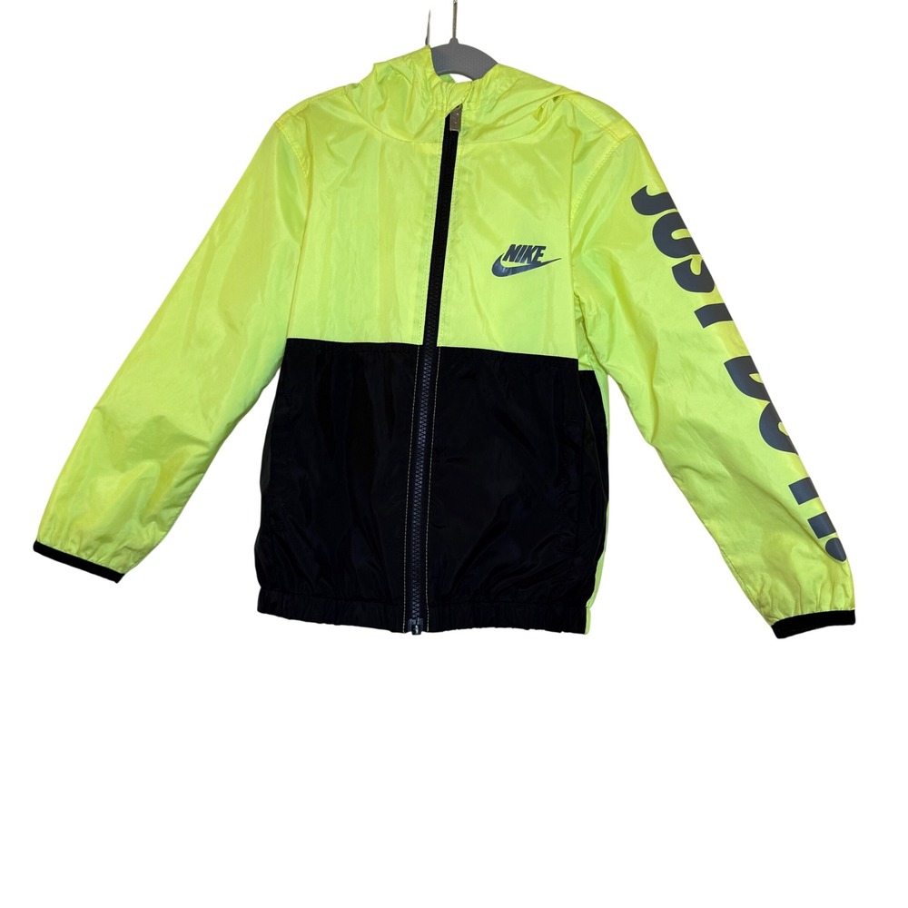 Nike Kids Neon Yellow Black Colorblock Just Do It Hooded Windbreaker Jacket 4-5Y